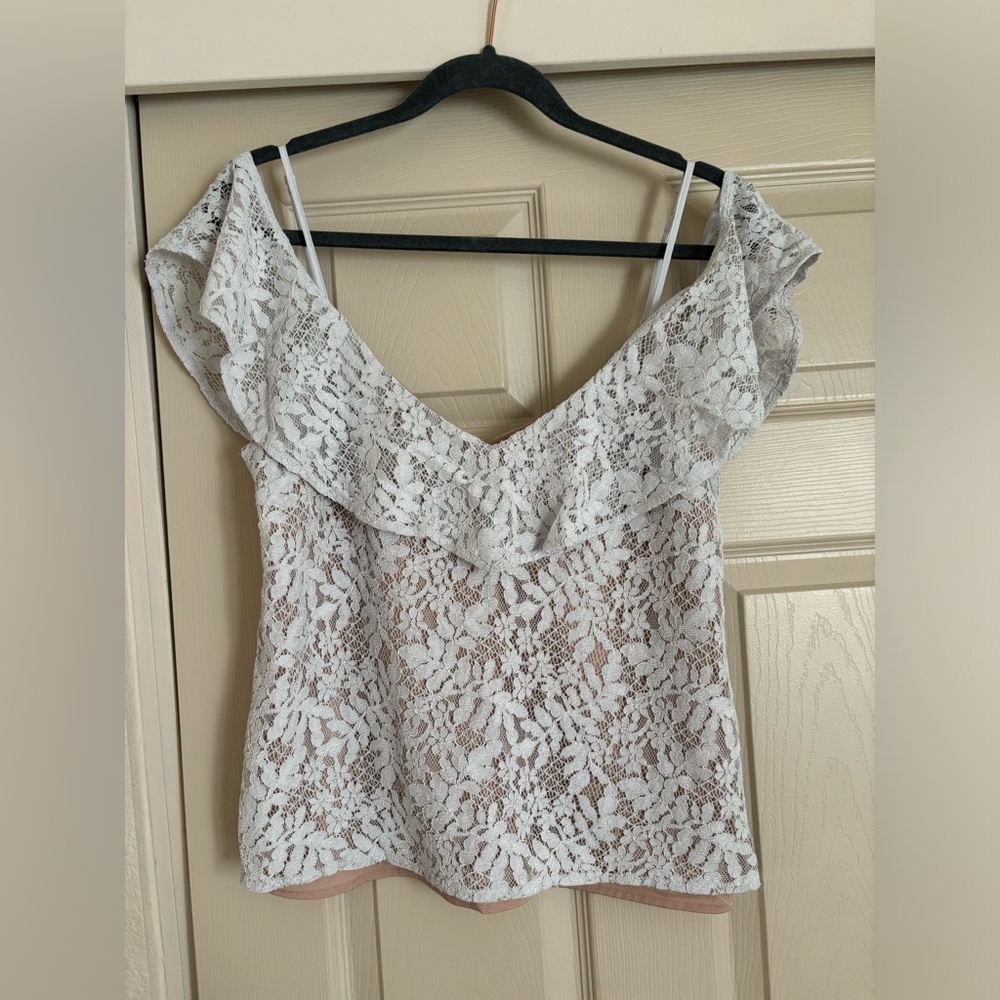 WAYF lace top with peekaboo sleeves light blue color in M